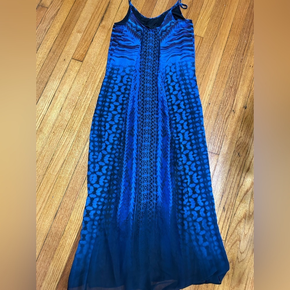 Express Blue Sheer Geometric Printed Sleeveless V Neck Maxi Dress Y2K - Picture 10 of 13